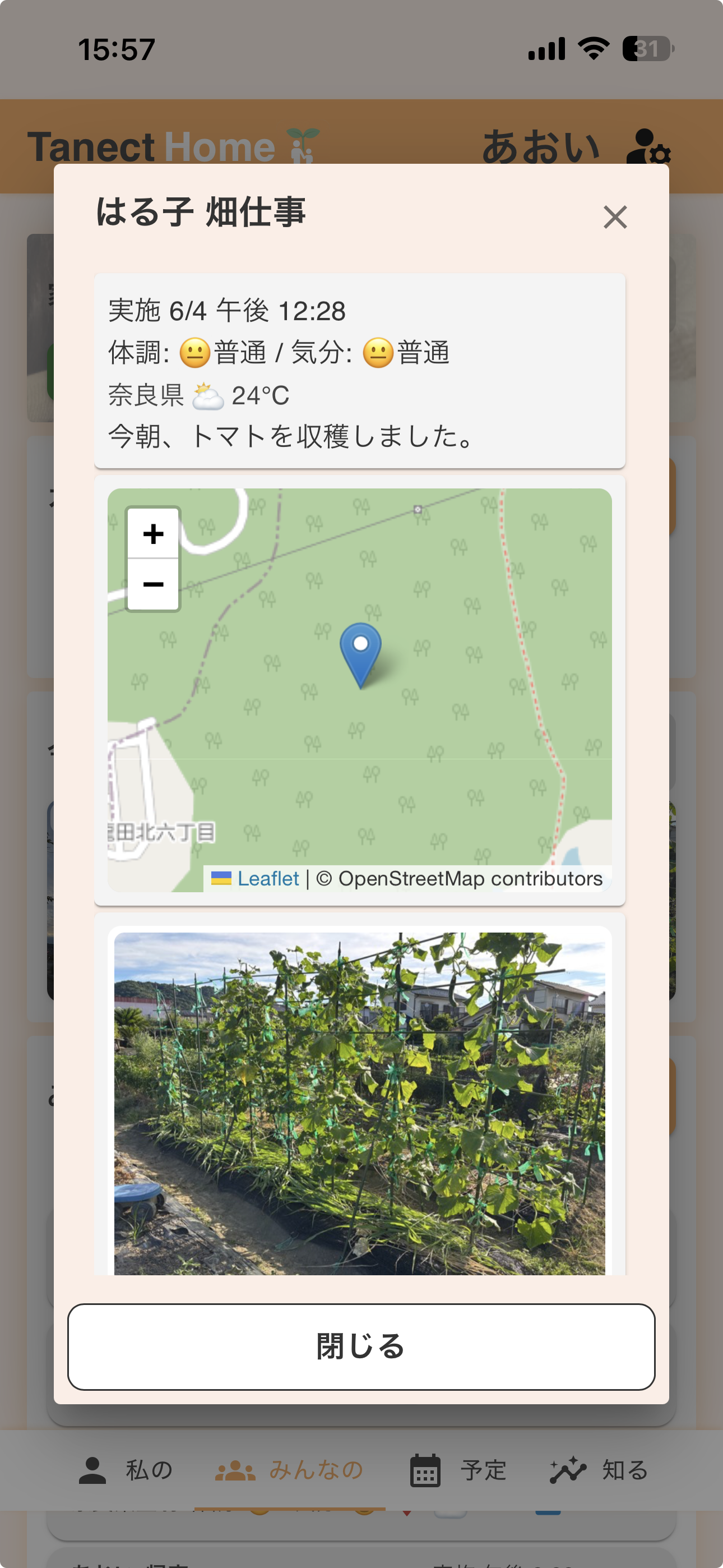 はる子の活動「畑仕事」の詳細画面。体調・気分・気温（奈良県）に加え、地図の位置ピンと現地の写真（トマト畑）が表示される。