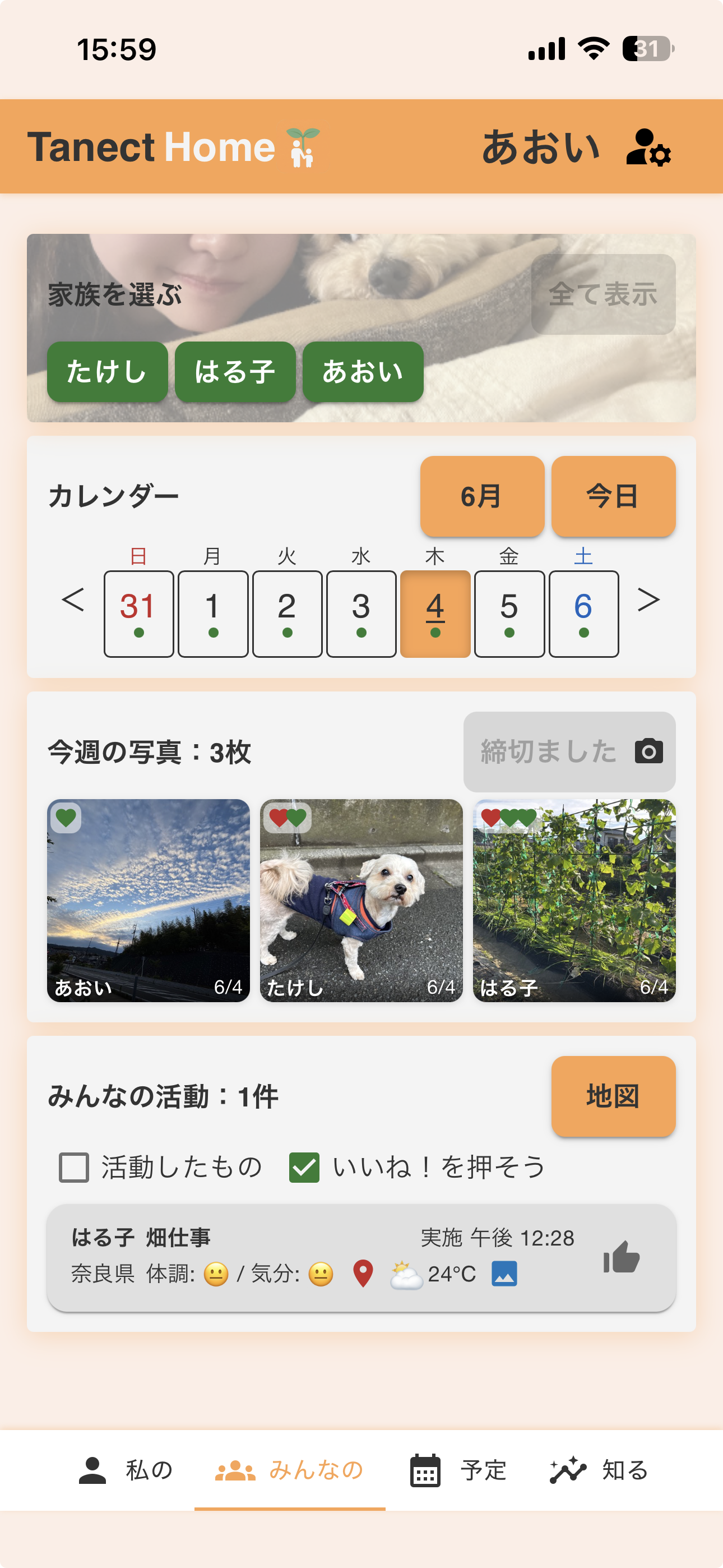 あおいさんの「みんなの」画面。「いいね！を押そう」が選択され、はる子の畑仕事の活動に👍ボタンでリアクションできる。