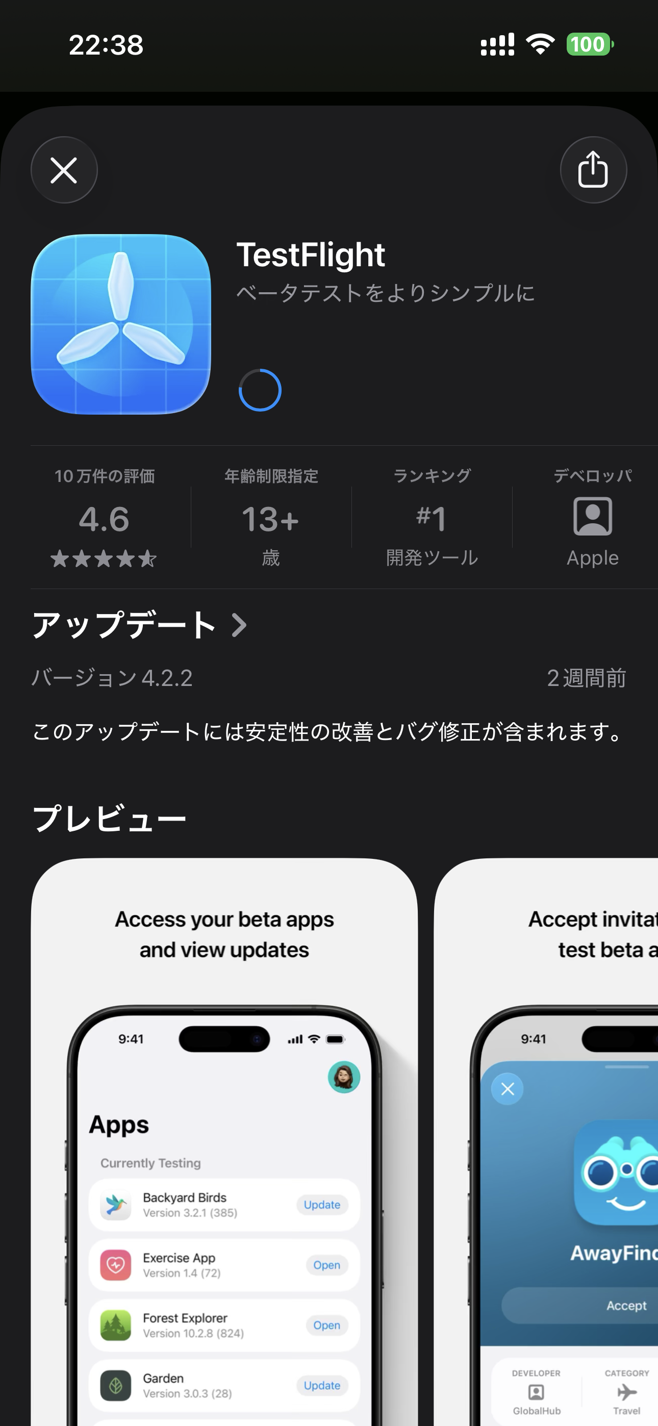 App StoreのTestFlightのページ。入手中の表示